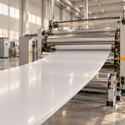 Sheet extrusion line with chrome calender rollers producing white PVC board