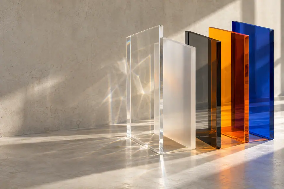 Five cast acrylic sheets standing on edge — clear, frosted opal, smoke grey, orange and cobalt blue — casting coloured light across a concrete floor