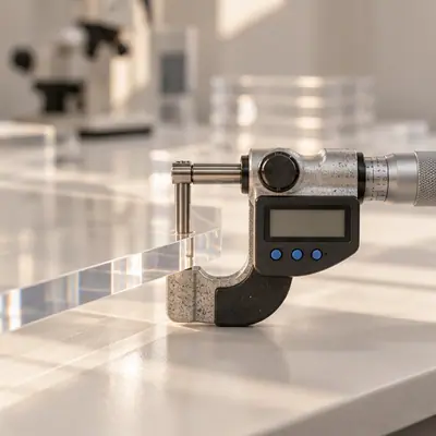 Digital micrometer measuring the thickness of a clear acrylic sheet in the quality lab