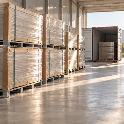 Export warehouse with sheets on steel pallets wrapped for shipping and an open container